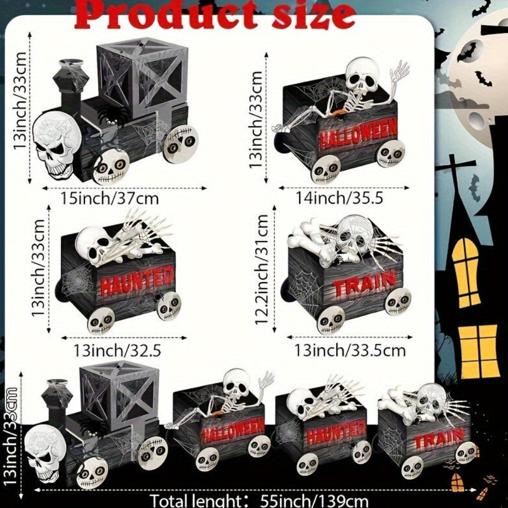 Side angle view of four plastic Halloween skeleton train garden stakes pushed securely into a green grass lawn.