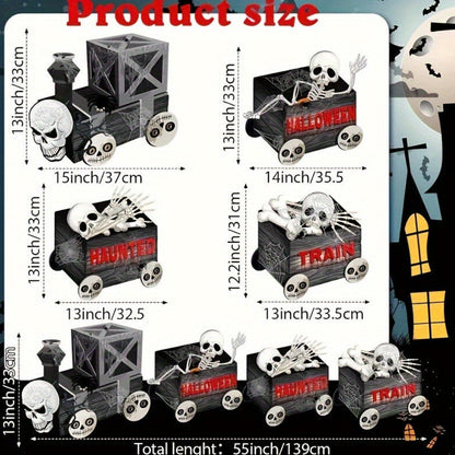 Side angle view of four plastic Halloween skeleton train garden stakes pushed securely into a green grass lawn.