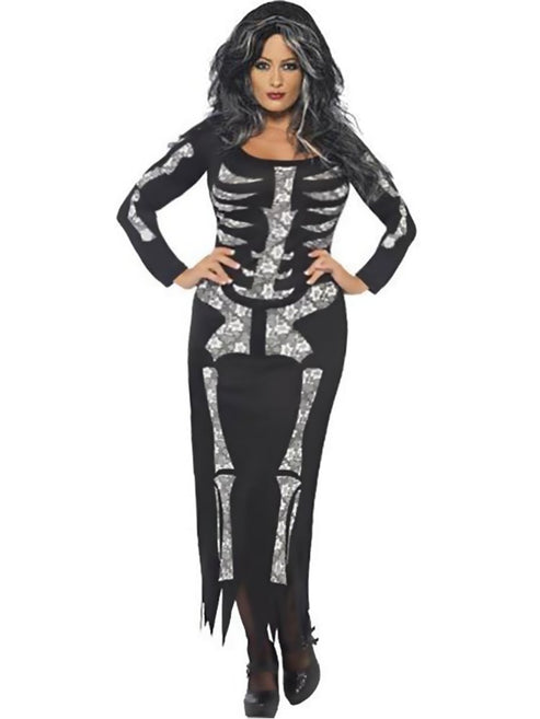 Front view of a woman wearing a strapless black bodycon tube dress featuring a printed white human skeleton graphic against a plain background.