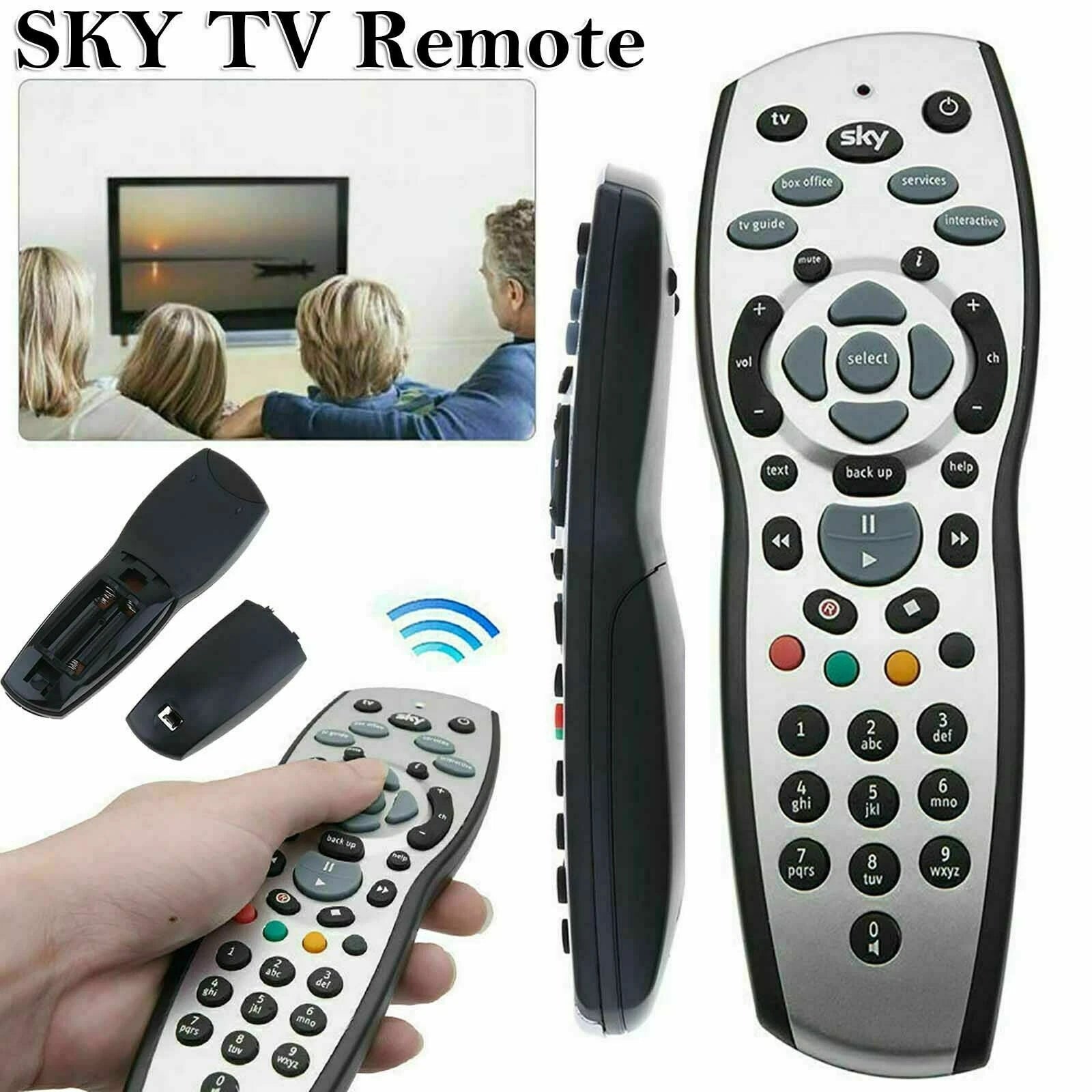 A high-contrast studio shot of the black Sky+ HD Rev 9 remote control, showcasing its clean, textured buttons and ergonomic shape against a simple, neutral surface.