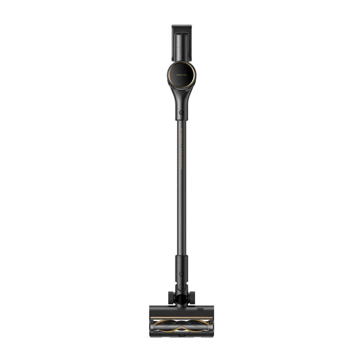 Sleek metallic Dreame R20 SE cordless stick vacuum with illuminated floor brush head standing upright against a modern hardwood floor.
