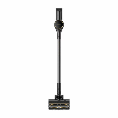 Sleek metallic Dreame R20 SE cordless stick vacuum with illuminated floor brush head standing upright against a modern hardwood floor.