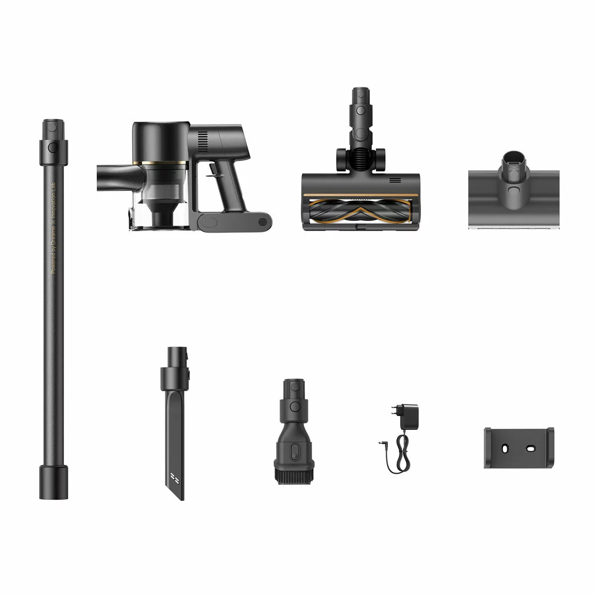 Sleek metallic Dreame R20 SE cordless stick vacuum with illuminated floor brush head standing upright against a modern hardwood floor.