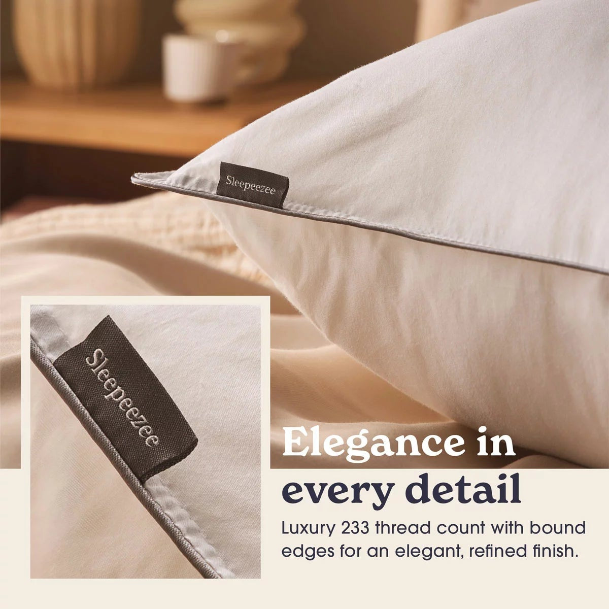 Crisp white Sleepeezee Sumptuous Cotton Pillow with neat piped edges resting on a pristine white bed sheet in a modern bedroom setting.