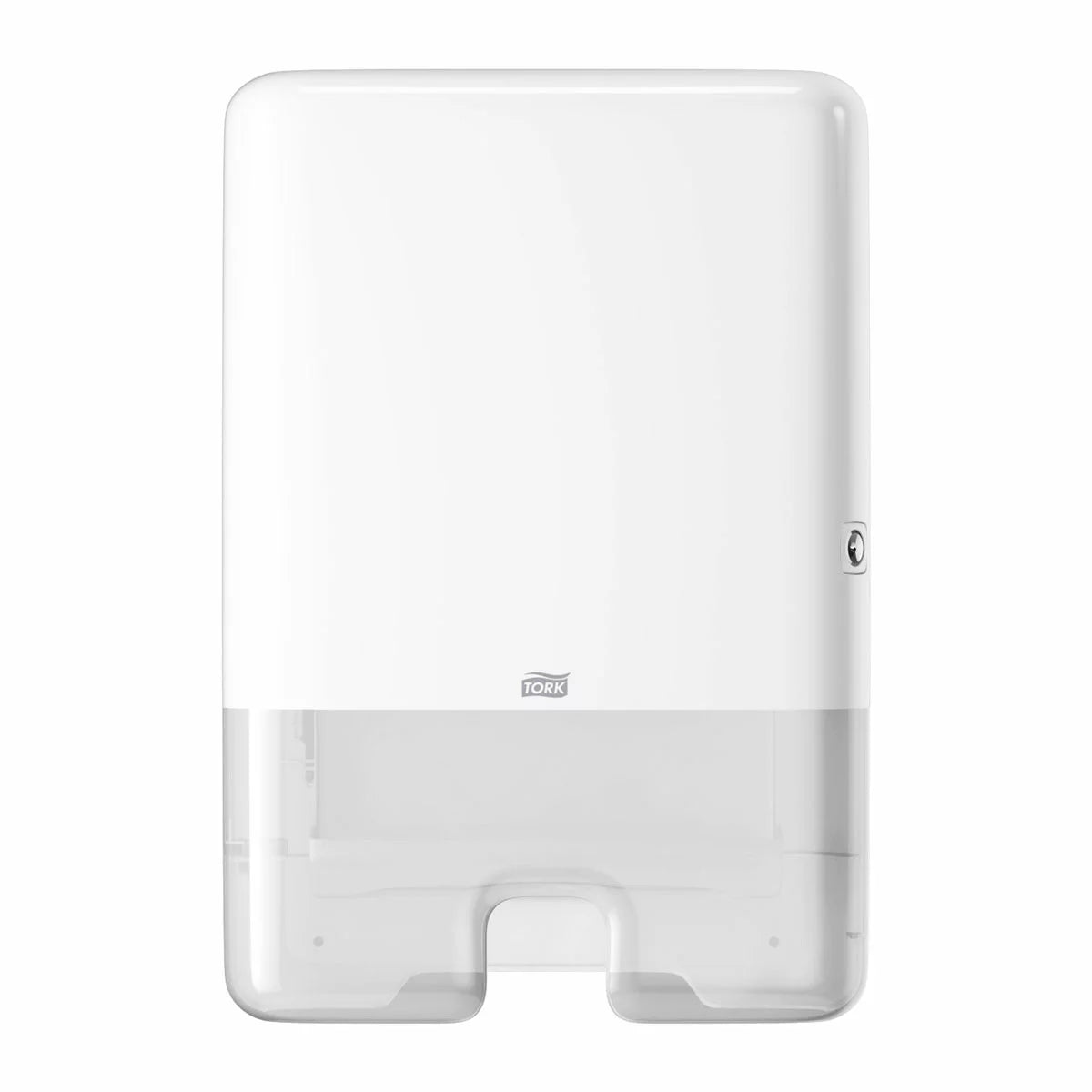 Front angle view of the white, slim composite Tork Xpress H2 Multifold Hand Towel Dispenser mounted on a clean restroom wall environment.