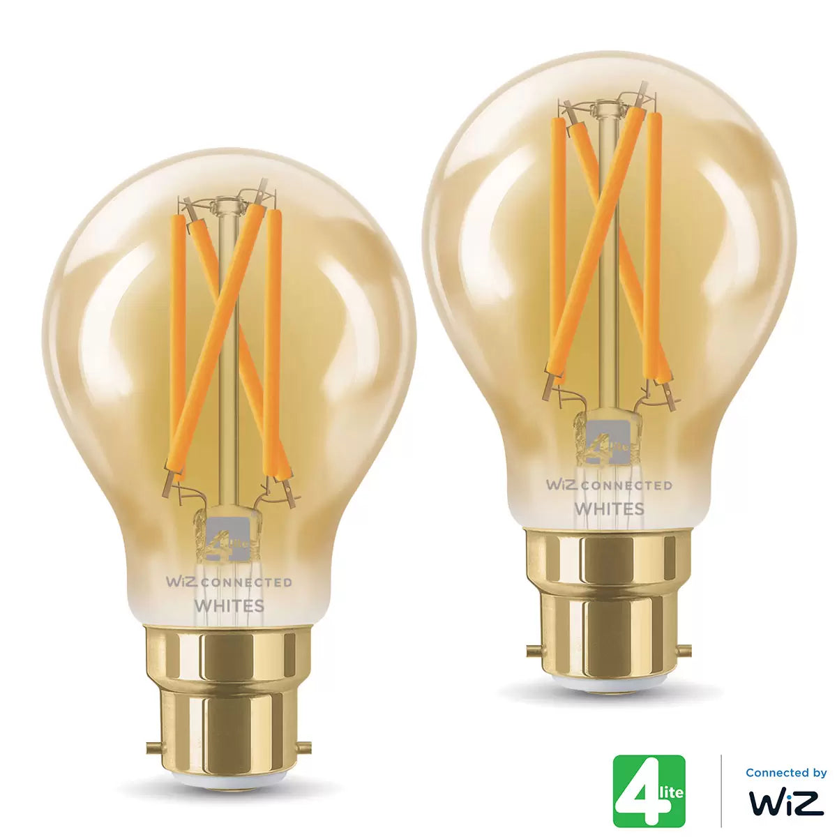 A pair of 4lite WiZ B22 smart LED lightbulbs showing amber-tinted glass and visible glowing filaments against a neutral studio background.
