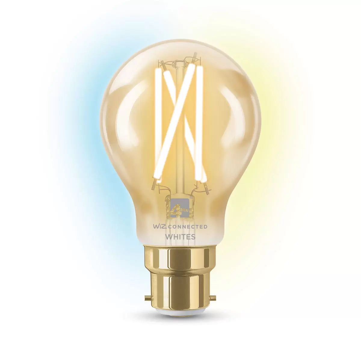A pair of 4lite WiZ B22 smart LED lightbulbs showing amber-tinted glass and visible glowing filaments against a neutral studio background.