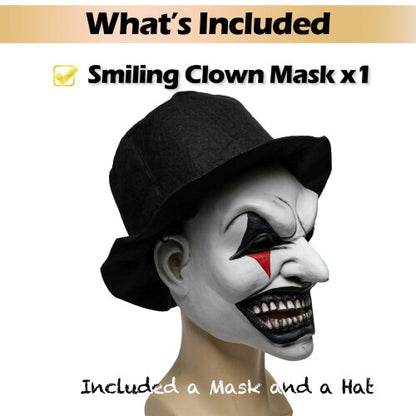 Front view of a creepy half-face smiling evil clown mask featuring painted details, attached dark synthetic hair, and an elastic strap on a clean backdrop.