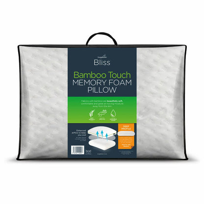 Snuggledown Bliss Bamboo Memory Foam Pillow with a white zipped bamboo blend cover showing subtle textured pattern detail against a bedhead.