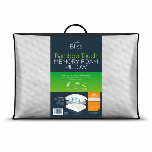 Snuggledown Bliss Bamboo Memory Foam Pillow with a white zipped bamboo blend cover showing subtle textured pattern detail against a bedhead.
