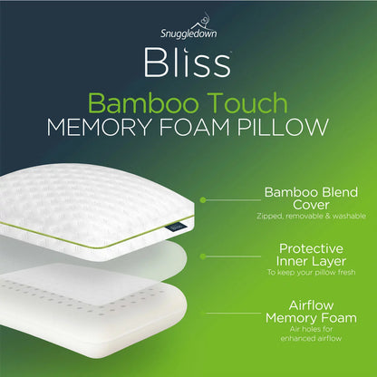 Snuggledown Bliss Bamboo Memory Foam Pillow with a white zipped bamboo blend cover showing subtle textured pattern detail against a bedhead.