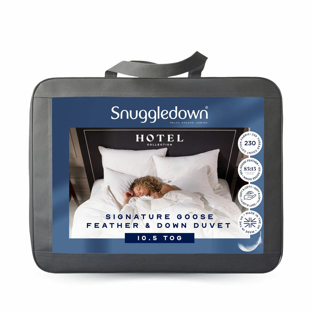 Close-up shot of the white Snuggledown Hotel Signature Goose Feather double duvet featuring double-stitched piping on a styled bed.