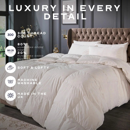 Angle view of the white Snuggledown Retreat Hungarian Goose Down 10.5 Tog duvet dressed on a king-size bed, highlighting its 300 thread count cotton jacquard weave and double-stitched piped edges.
