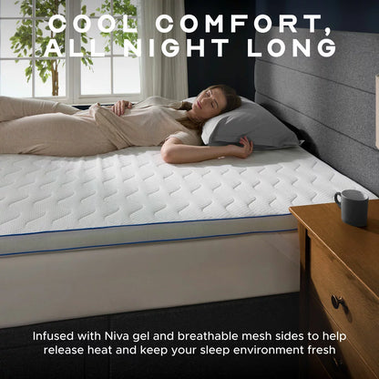 Top-down view of the white Snuggledown King size gel mattress topper on a cozy wooden bed frame, showing the blue Niva cooling gel layer under a breathable mesh-sided polyester cover.