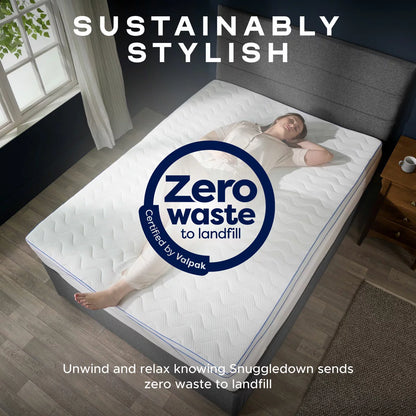 Top-down view of the white Snuggledown King size gel mattress topper on a cozy wooden bed frame, showing the blue Niva cooling gel layer under a breathable mesh-sided polyester cover.
