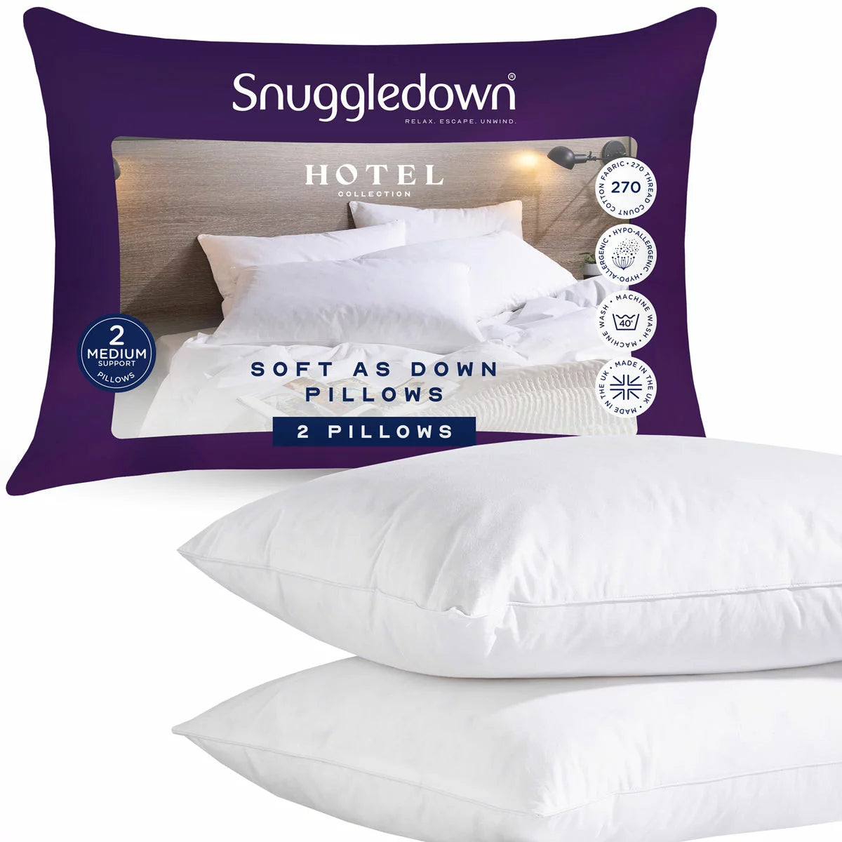 Pair of white Snuggledown Soft As Down pillows with elegant piped edges styled on a crisp hotel-style bed.