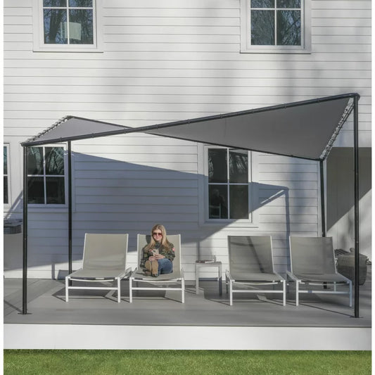Sojag 12ft x 12ft Del Ray aluminum frame gazebo with tan fabric roof and mosquito netting.