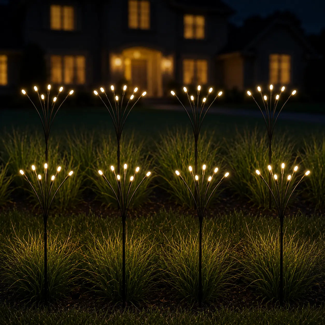 solar firefly garden lights glowing decorative outdoor pathway lighting at night