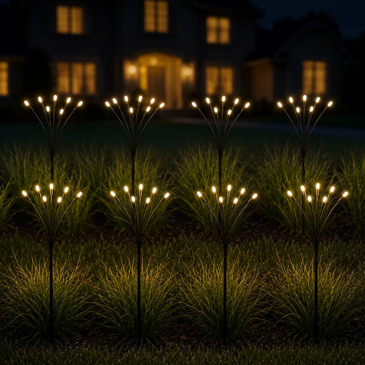 solar firefly garden lights glowing decorative outdoor pathway lighting at night