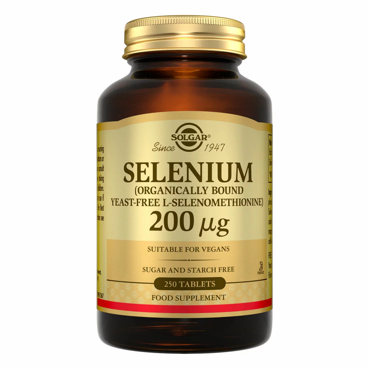 Front view of the brown glass Solgar Selenium 200mcg 250 tablets bottle with gold cap on a clean neutral surface.