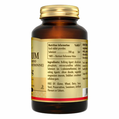 Front view of the brown glass Solgar Selenium 200mcg 250 tablets bottle with gold cap on a clean neutral surface.
