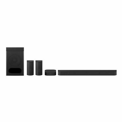 Sony HTS60 Bravia Theatre System 6 black soundbar, standalone wireless subwoofer, two rear satellite speakers, and compact control box arranged around a modern TV setup.