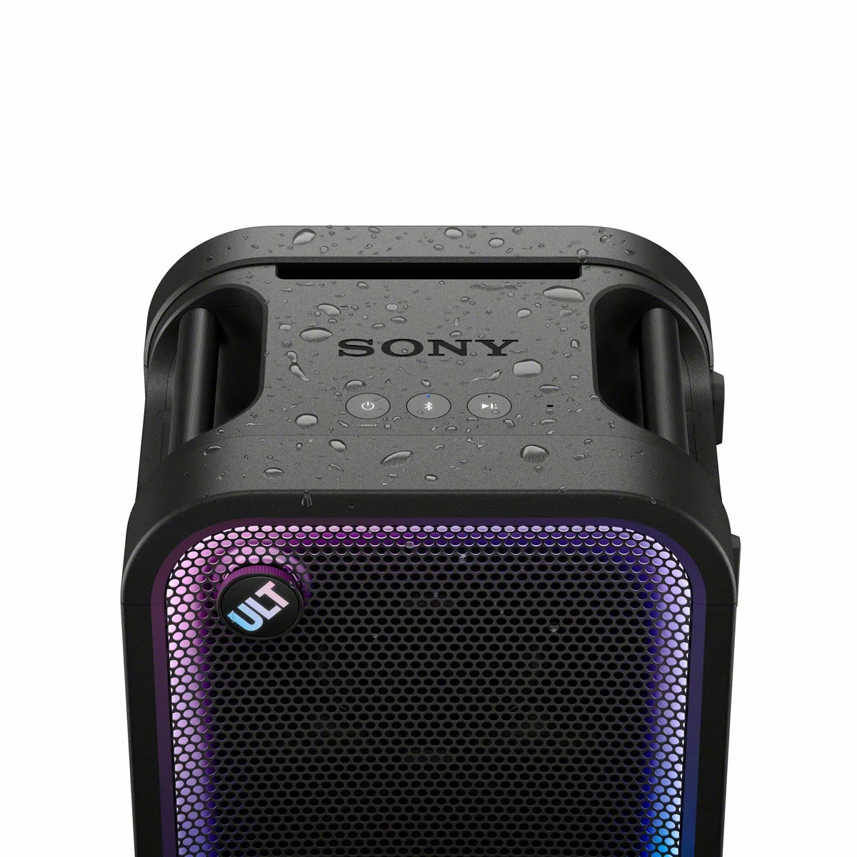 Black Sony ULT500 portable Bluetooth tower speaker with active LED rim lighting shown standing outdoors on a wooden patio deck.