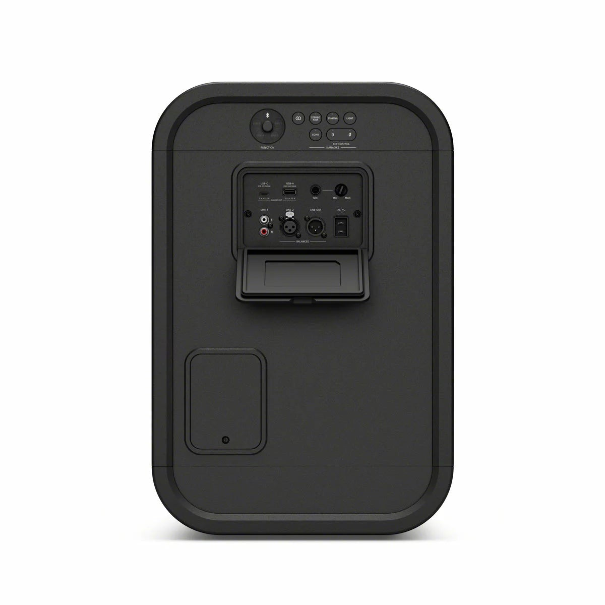 Black Sony ULT500 portable Bluetooth tower speaker with active LED rim lighting shown standing outdoors on a wooden patio deck.
