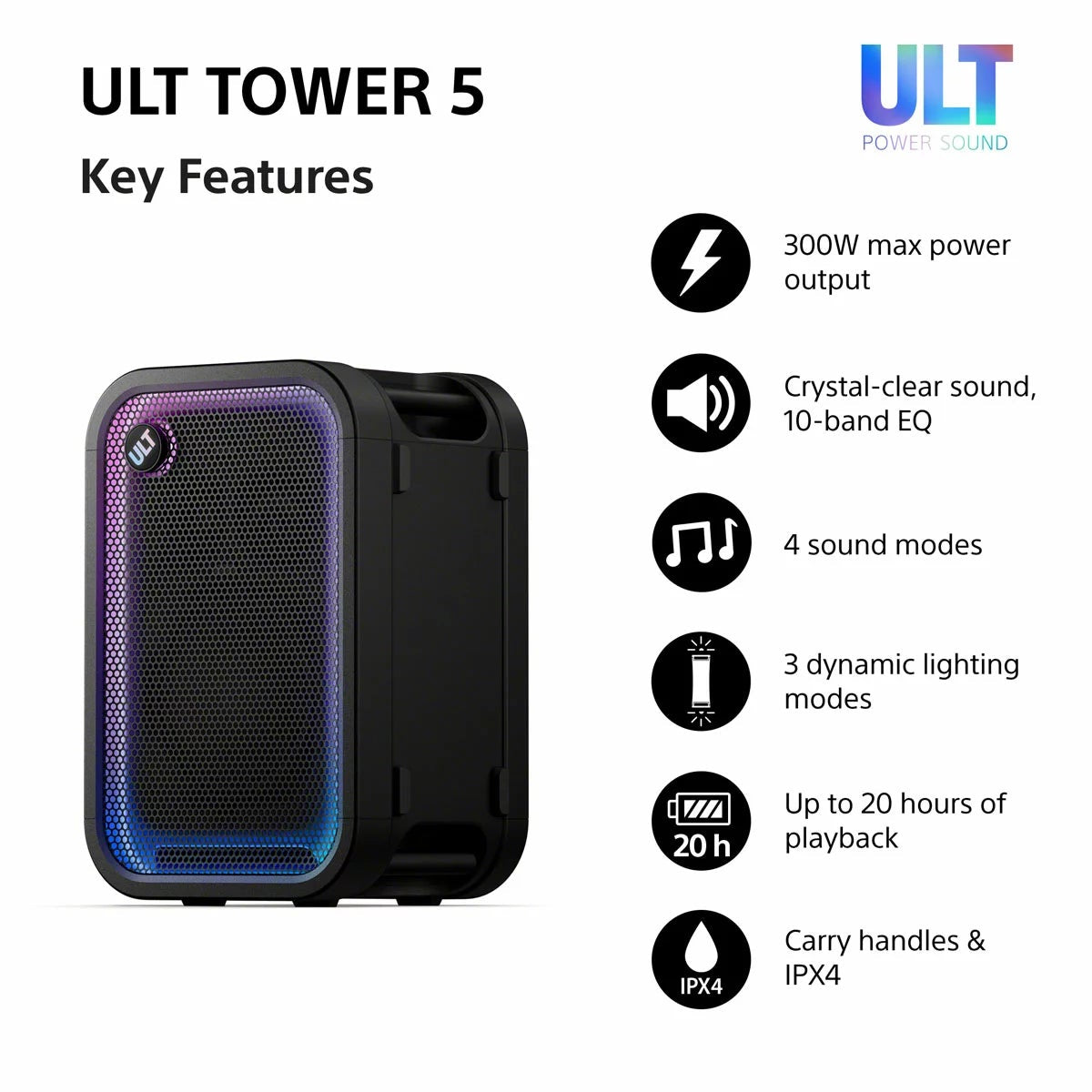 Black Sony ULT500 portable Bluetooth tower speaker with active LED rim lighting shown standing outdoors on a wooden patio deck.