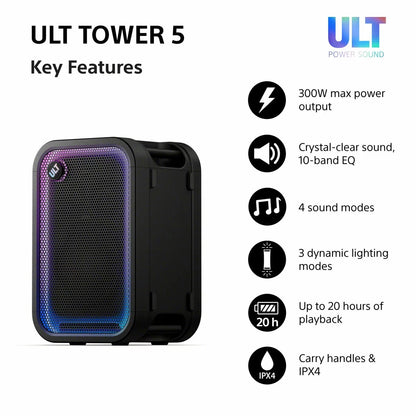 Black Sony ULT500 portable Bluetooth tower speaker with active LED rim lighting shown standing outdoors on a wooden patio deck.
