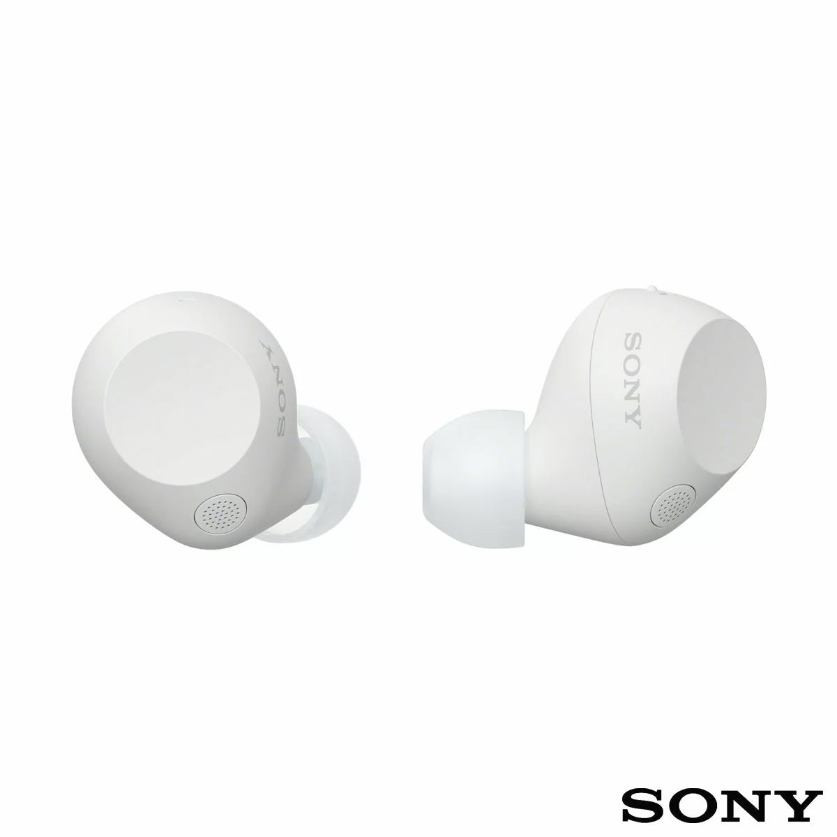 Front angle view of Sony WF-C710N Glass Blue wireless noise cancelling earbuds sitting beside their open charging case on a minimalist wooden desk.