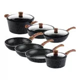 "Westinghouse Special Edition 11-piece non-stick cookware set featuring speckled black finish with wood effect handles, including pans, pots, and glass lids displayed on white kitchen counter"
