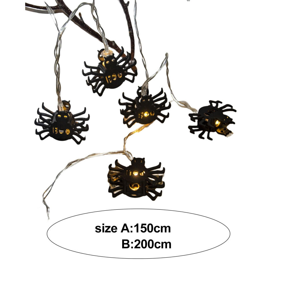 Creative spider LED string lights glowing with a spooky ambiance along an outdoor patio wall.