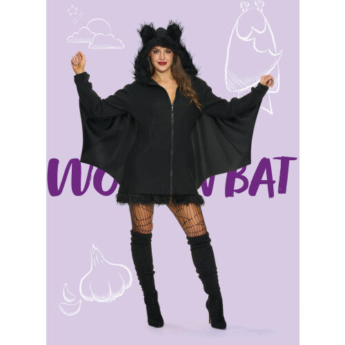 Front view of the black zip-up bat costume jumpsuit in X-Large featuring attached fabric wings stretched open and plush bat ears on the hood against a neutral backdrop.