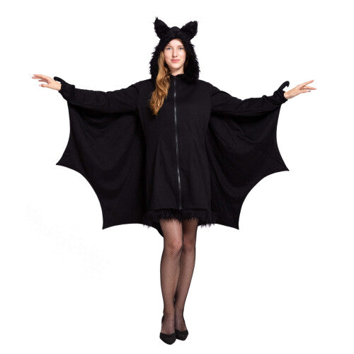Front view of the black zip-up bat costume jumpsuit in X-Large featuring attached fabric wings stretched open and plush bat ears on the hood against a neutral backdrop.