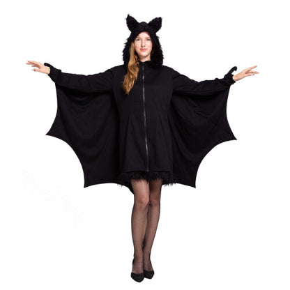 Front view of the black zip-up bat costume jumpsuit in X-Large featuring attached fabric wings stretched open and plush bat ears on the hood against a neutral backdrop.