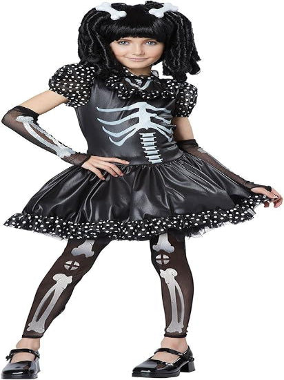 Front view of the black and white Spooky Skeleton Girls Halloween Fancy Dress Costume in size Medium by California Costumes displayed against a neutral studio backdrop.
