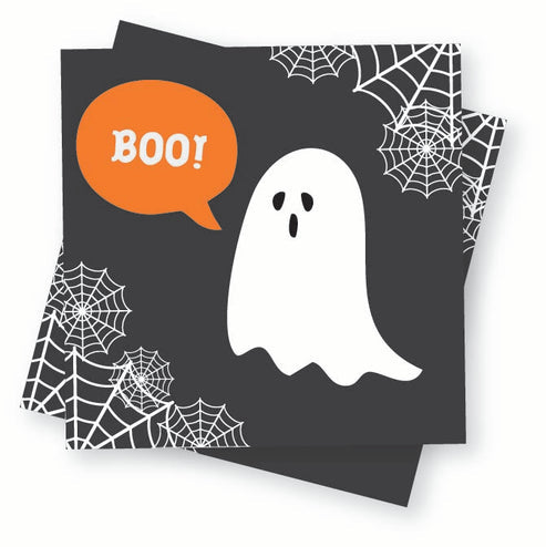 Opened 33cm white paper napkin with ghost print and Boo lettering displayed flat on a dark wooden Halloween party table.