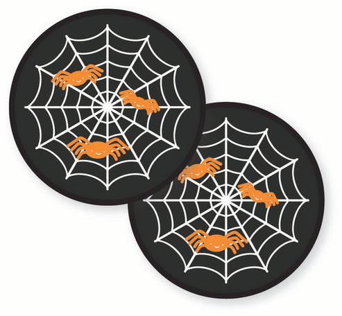 Eight pack of 23cm Spooky Spectacles Halloween paper plates featuring a black and orange spider web design arranged on a party table background.