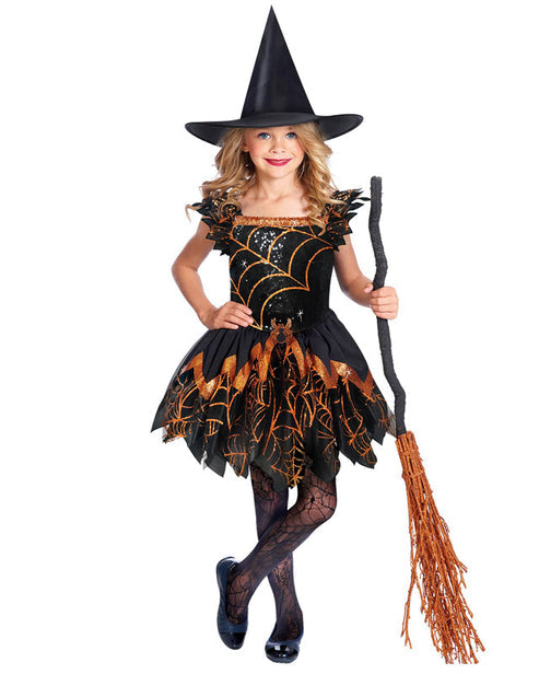 Front view of the black and orange Spooky Spider Witch childs costume showing the sequined bodice, spider web print tutu skirt, and matching pointy hat on a plain background.