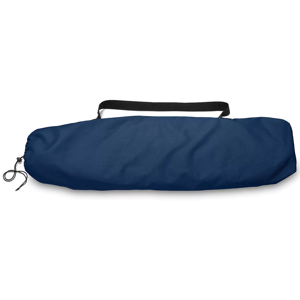 Low-profile blue folding Sport-Brella beach chair with breathable mesh back, padded armrest cup holder, and attached UPF 50+ shade umbrella set up on sunny ocean sand.