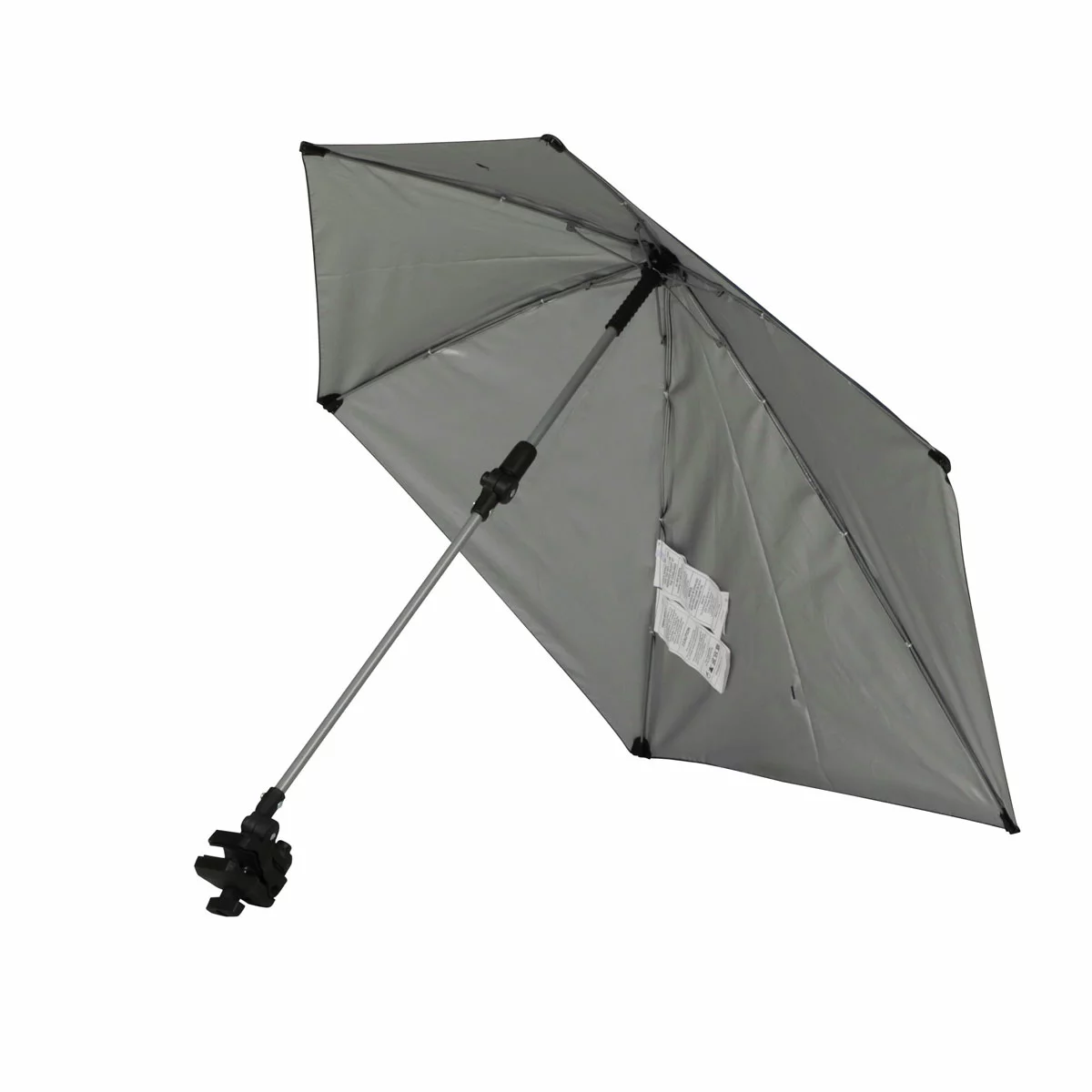 Compact blue Sport-Brella Versa-Brella personal umbrella with silver heat-reflective lining clamped securely to the armrest of an outdoor folding chair on a sunny day.
