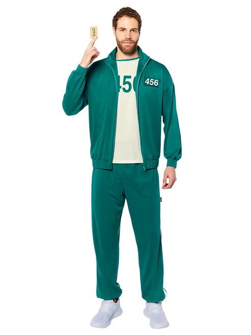 Front view of the green Squid Game contestant costume with white chest numbers and zip jacket on display.