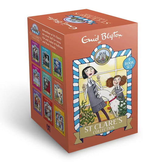 Complete nine-book paperback boxset of Enid Blyton's St Clare's series displayed in its matching protective slipcase on a wooden shelf.