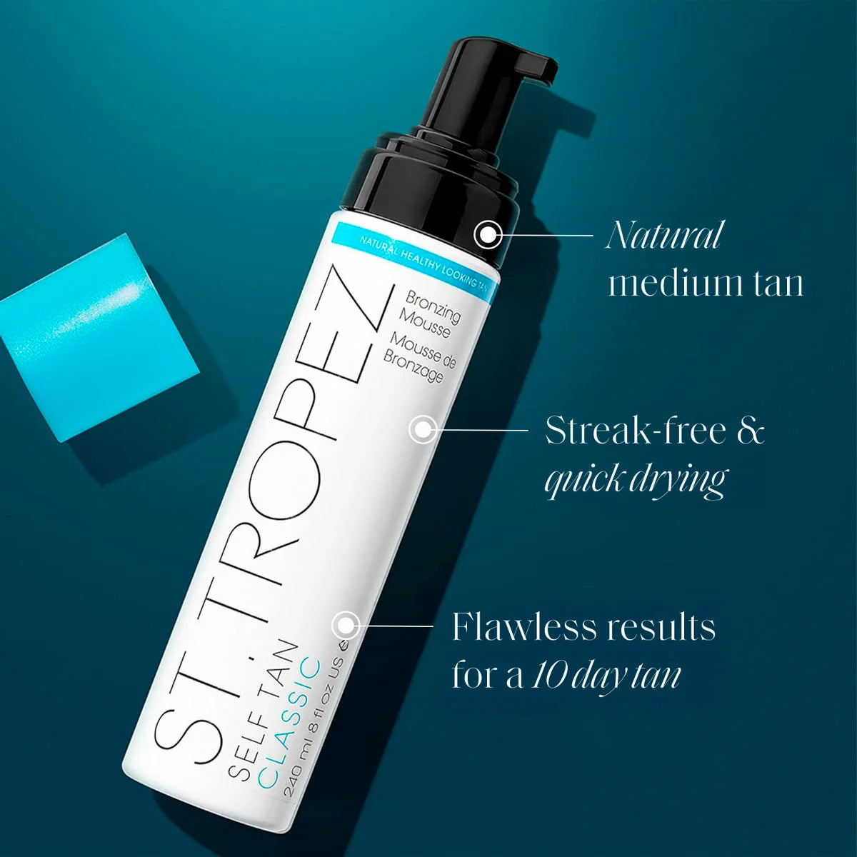 The St Tropez Riviera Radiance Tanning Set featuring the Classic Bronzing Mousse bottle, the Sunlit Skin Face Tint, and the signature plush applicator mitt arranged on a bright, minimalist background.