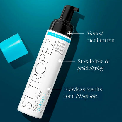 The St Tropez Riviera Radiance Tanning Set featuring the Classic Bronzing Mousse bottle, the Sunlit Skin Face Tint, and the signature plush applicator mitt arranged on a bright, minimalist background.