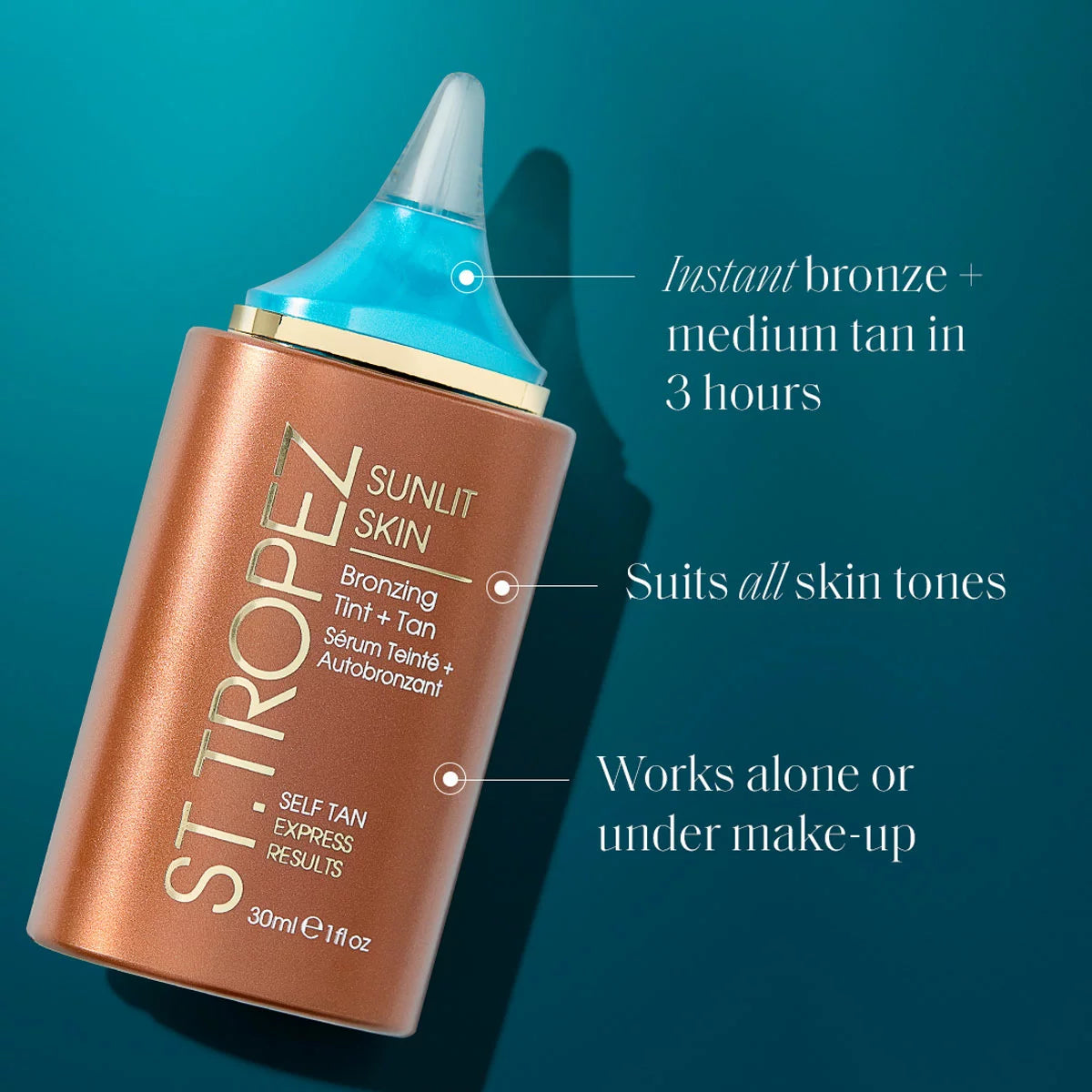 The St Tropez Riviera Radiance Tanning Set featuring the Classic Bronzing Mousse bottle, the Sunlit Skin Face Tint, and the signature plush applicator mitt arranged on a bright, minimalist background.