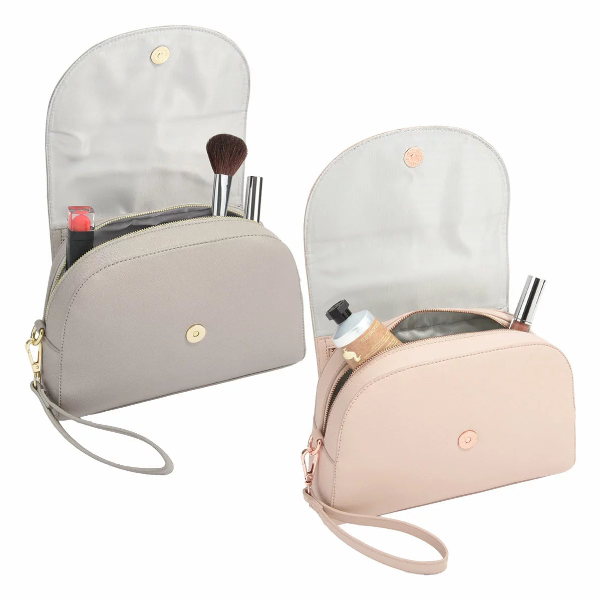 The Stackers Wrap Around Makeup Bag shown in an open position, highlighting the organized brush holders and large internal compartment against a soft, neutral background.
