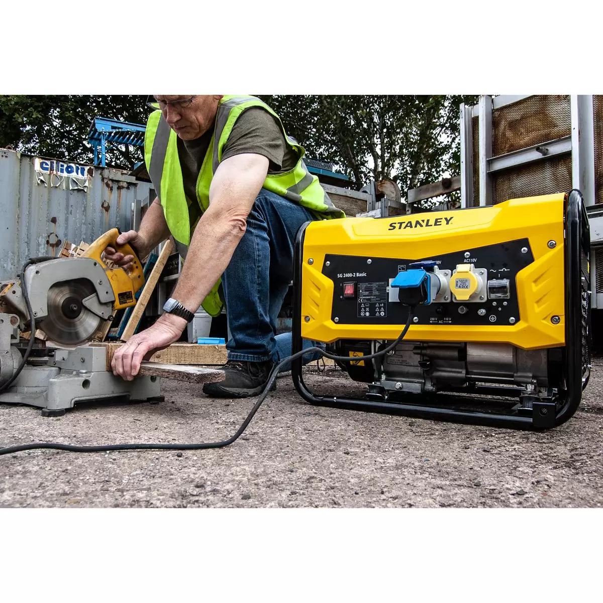 Stanley 2400W Dual Voltage Generator SG400 providing portable power for construction sites, outdoor projects, and emergency backup use
