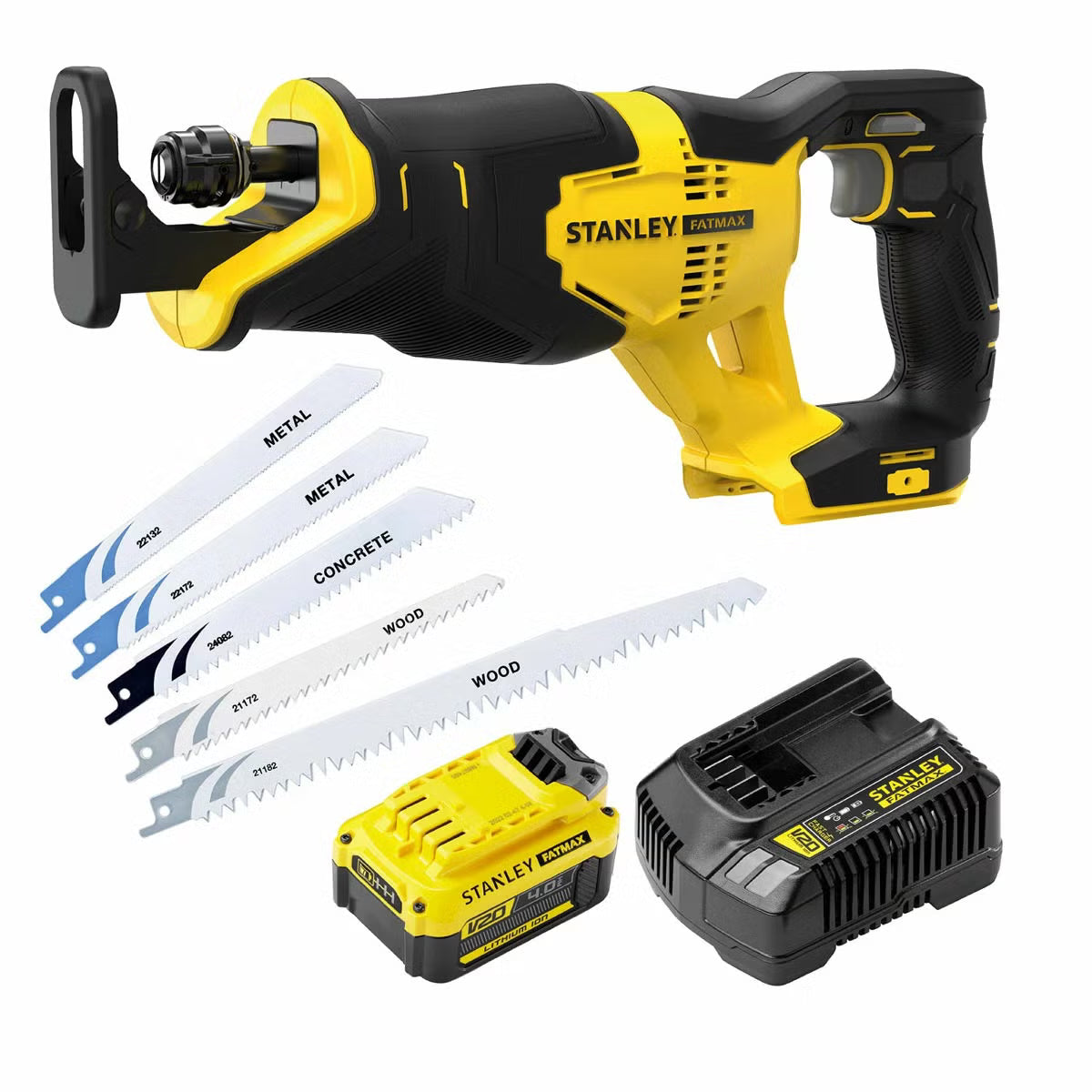 Side profile view of the yellow and black Stanley Fatmax 18V cordless reciprocating saw equipped with a 4Ah V20 battery and cutting blade on a concrete work surface.